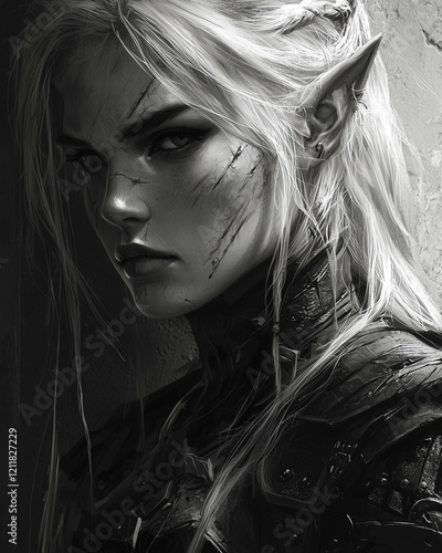 powerful black and white close-up of a female elven warrior with piercing eyes and visible battle scars