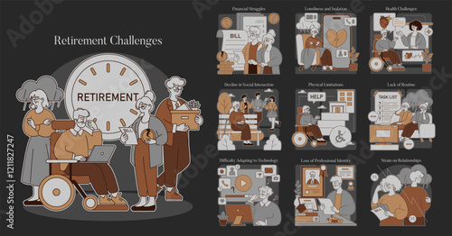 Retirement Challenges. Flat Vector Illustration