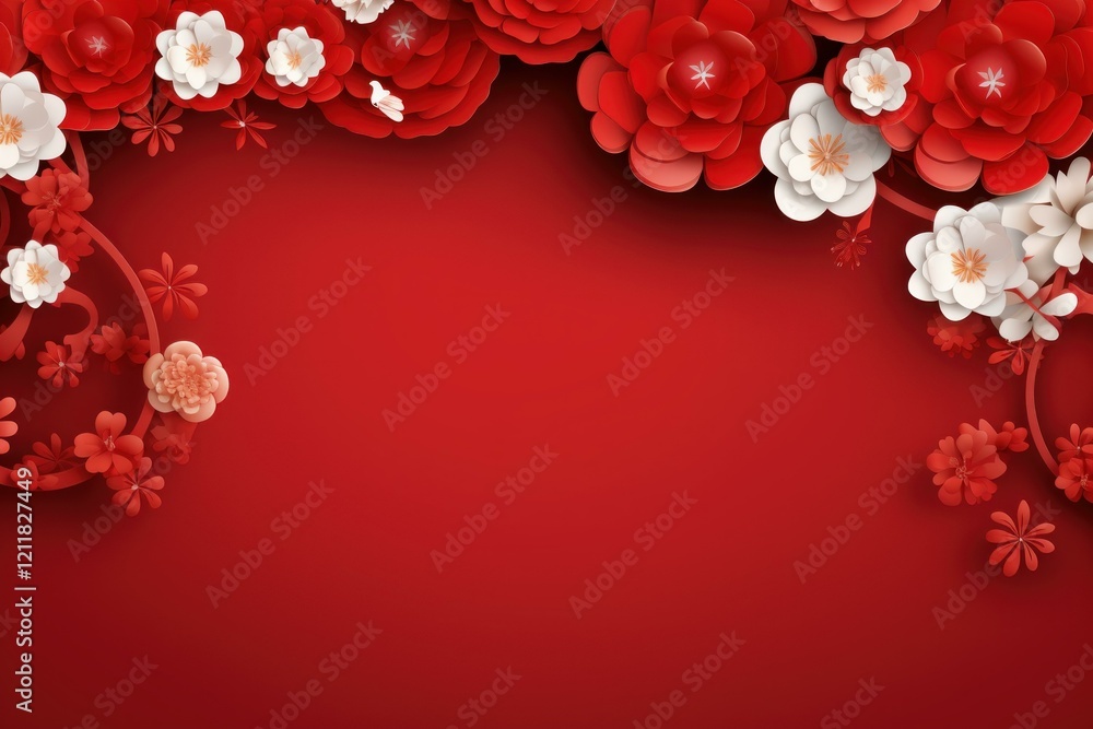 Naklejka premium Elegant paper flowers arranged on a vibrant red backdrop, creating a festive atmosphere