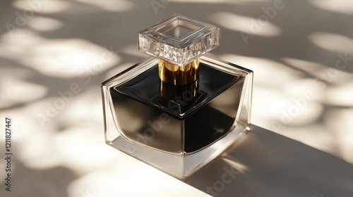 A luxury brand-inspired perfume bottle with a square design, black liquid inside, and a stylish label featuring gold lettering, on a white background photo