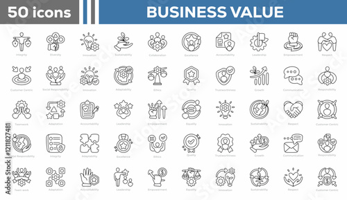 Business Value 50 icon set.
Integrity, Diversity, Innovation, Sustainability, Collaboration, Excellence, Accountability,
Leadership, Empowerment, Respect and more.
Line vector icons collection
