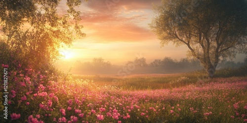 A sweeping view of a blooming summer meadow with pink flowers bathed in the golden hues of the setting sun, creating a peaceful and idyllic atmosphere.