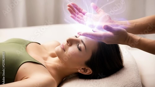 A young woman lying down with her eyes closed, receiving Reiki or a form of holistic energy healing. Spiritual energy and holistic wellness concept.