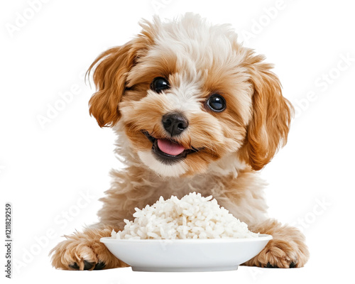 Happy dog enjoying bowl of rice, showcasing playful and joyful expression. This adorable pet is sure to bring smile to anyone face photo