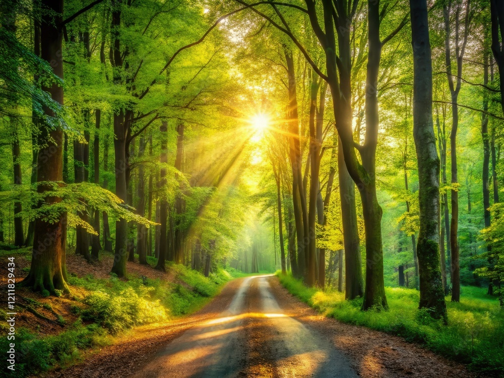Fototapeta premium Explore lush green forests via scenic dirt roads. Capture breathtaking nature trail photography.