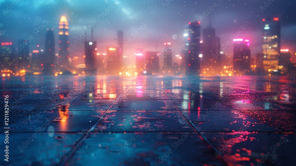 Fototapeta premium Tech Innovation District construction in the evening, low angle view showcasing innovative style with digital pavement and futuristic tones.