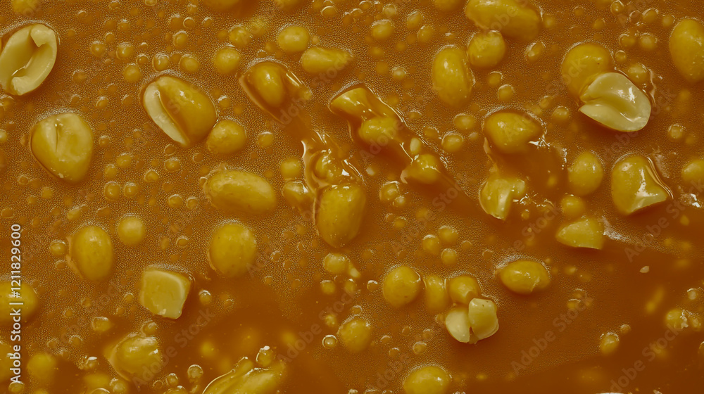 Peanut sauce background, close-up of the texture of caramel and peanuts. Peanut sauce background, close-up of the texture of caramel and peanuts.