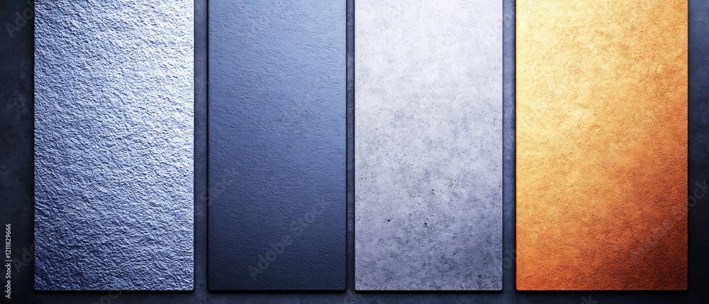 Fototapeta premium Cool toned textured panels subtly arranged showcasing a rich metallic palette. AI Generated