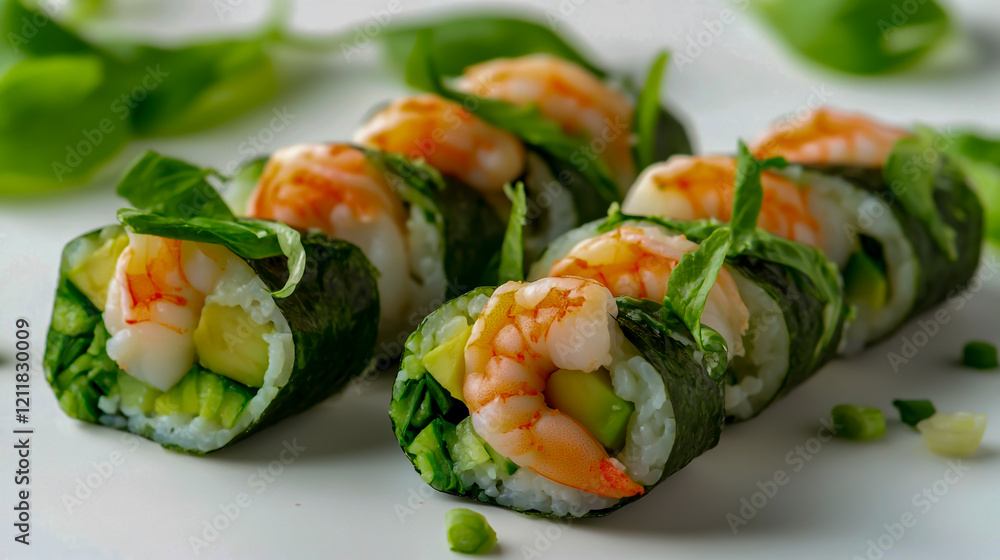 Sushi rolls with shrimp and avocado on a white background. Sushi rolls with shrimp and avocado on a white background.