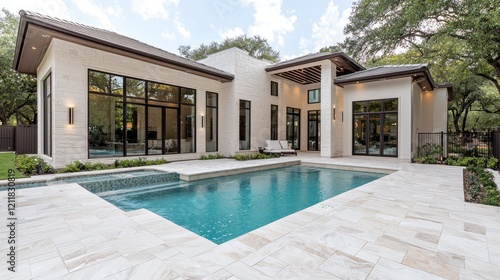 Modern house, pool, backyard, Texas landscape, luxury home real estate