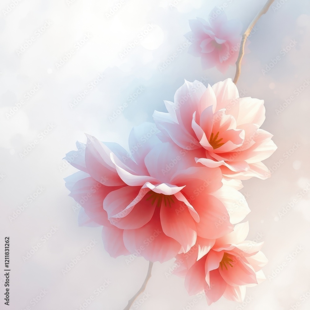 Blossoms bloom softly in a serene atmosphere, exuding beauty and tranquility in a delicate dance of colors and light Blossoms bloom softly in a serene atmosphere, exuding beauty and tranquility in a delicate dance of colors and light