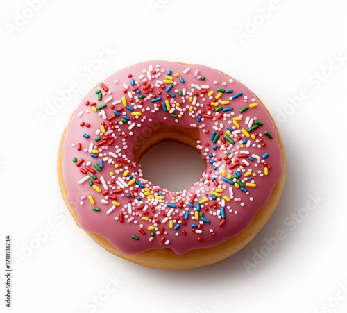 Pink donut with colorful sprinkles, against a white background photo