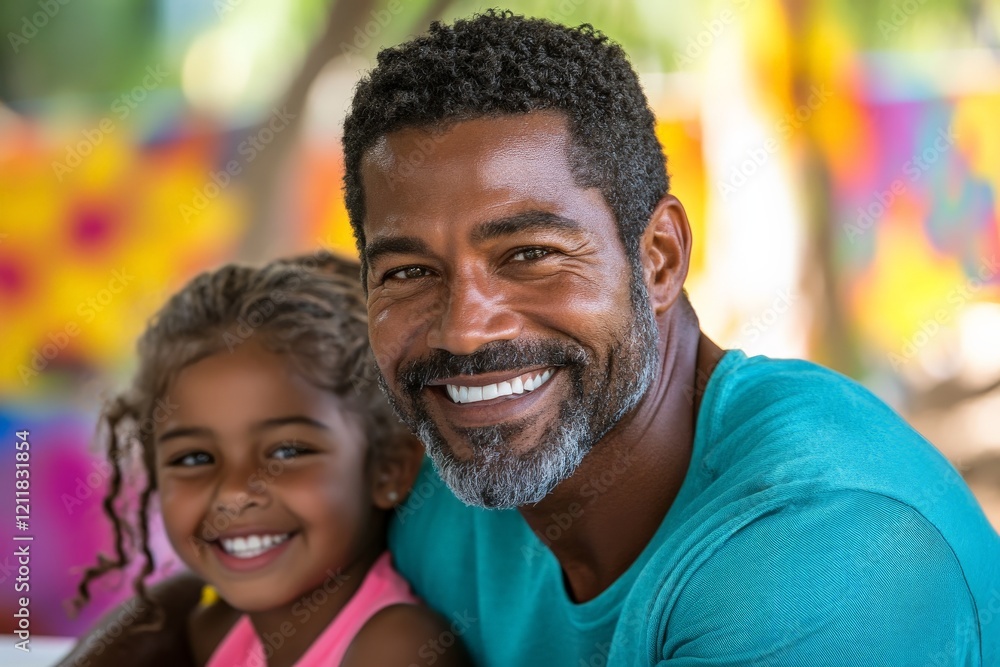 Smiling father and daughter enjoy a sunny day outdoors at a colorful park in summer Smiling father and daughter enjoy a sunny day outdoors at a colorful park in summer
