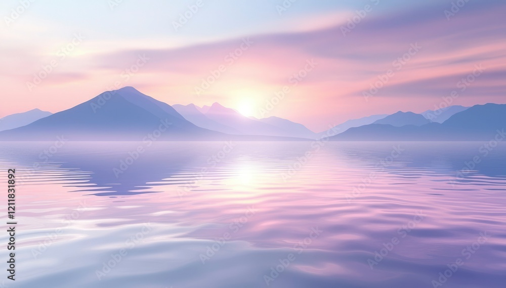 Serene Sunset Over Calm Water and Misty Mountains Serene Sunset Over Calm Water and Misty Mountains