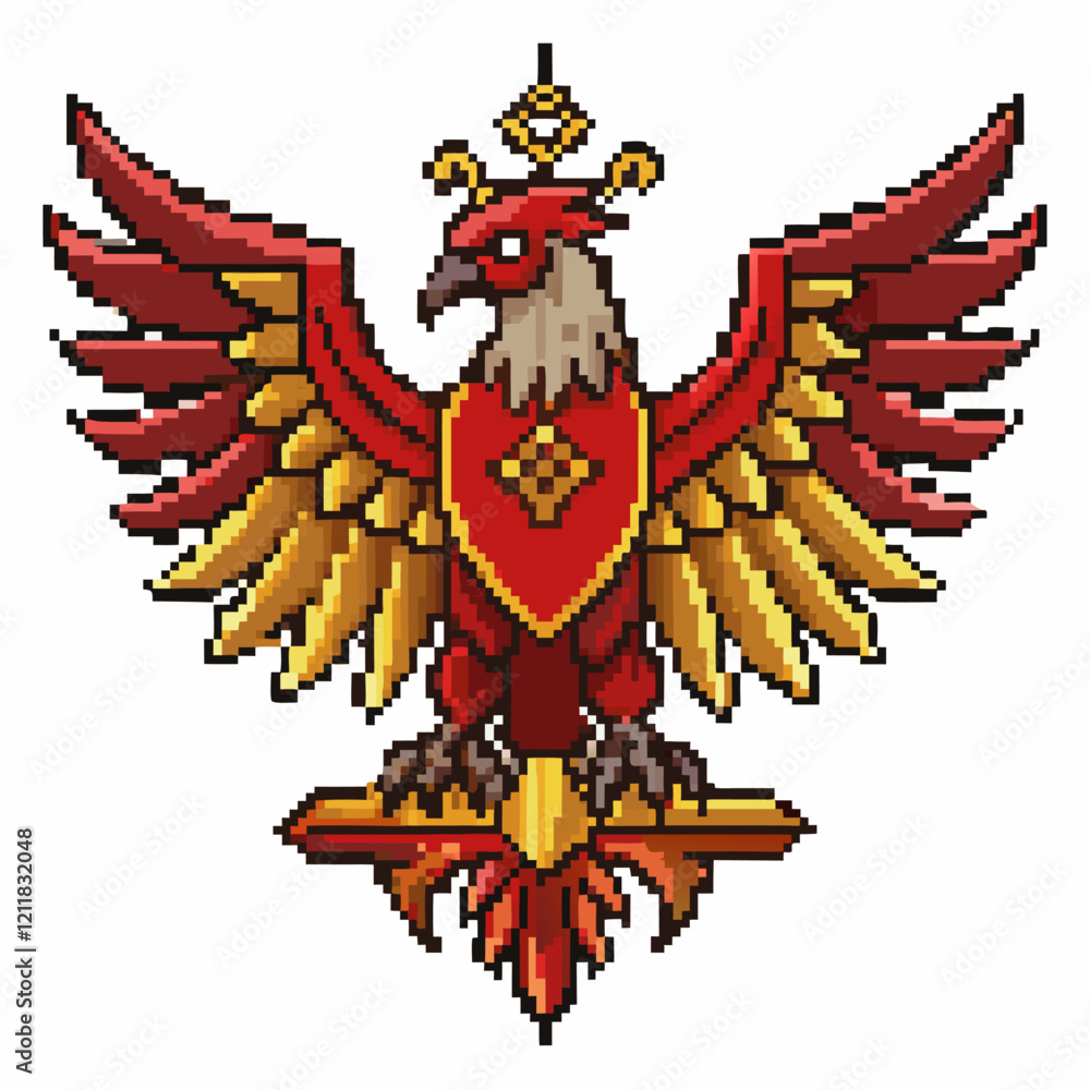 Fototapeta premium Vibrant Pixel Art Phoenix with Outstretched Wings and Fiery Feathers