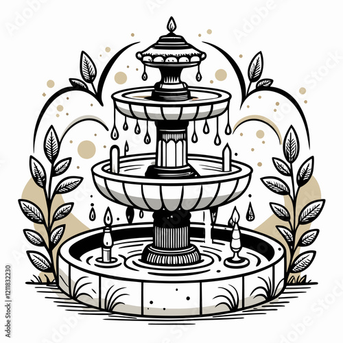 Elegant Garden Fountain with Ornate Design Surrounded by Decorative Foliage
