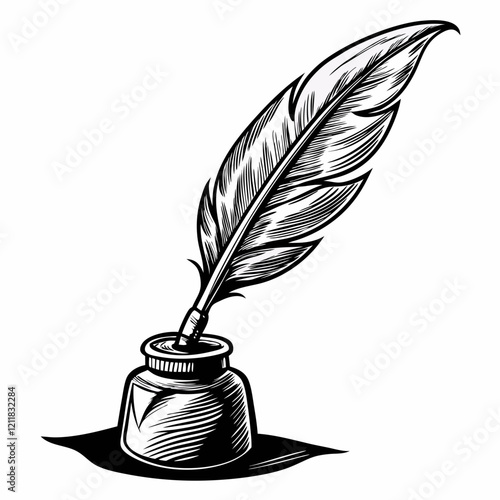 Vintage Ink Bottle with Quill Feather Pen   Classic Writing Illustration