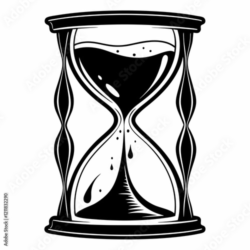 Monochrome Hourglass Illustration with Flowing Sand in Black and White Design