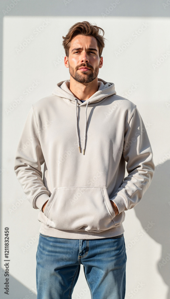 Fototapeta premium Man in men's hoodie mockup standing confidently against a white wall