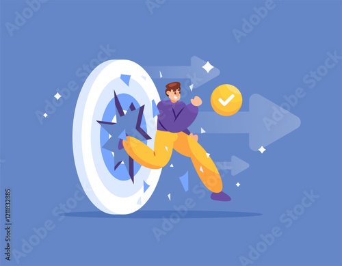 concept of breakthrough or successfully achieving a goal. success to break through and exceed targets. objective and mission. illustration of an employee breaking through a dart board. flat style 
