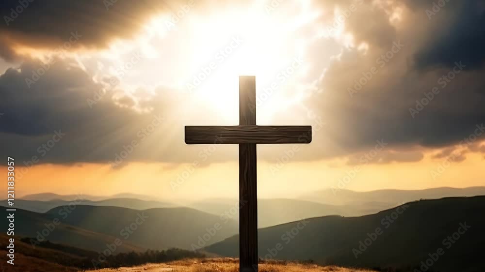 Wooden cross silhouetted against a sunset sky. Serene and symbolic. Wooden cross silhouetted against a sunset sky. Serene and symbolic.