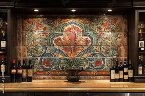 Decorative tiled wall enhances a wine cellar with bottles arranged on a wooden shelf photo