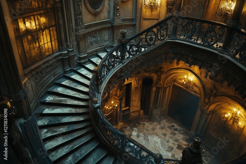 Intricate spiral staircase illuminated by ornate chandeliers in an old mansion interior photo