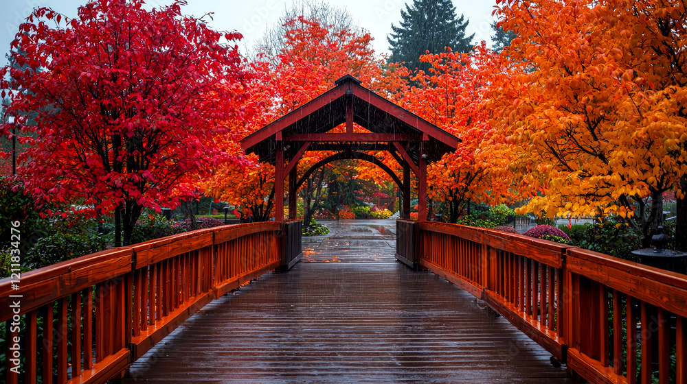 Autumnal Bridge: A Scenic Walkway Through Red and Orange Leaves Autumnal Bridge: A Scenic Walkway Through Red and Orange Leaves