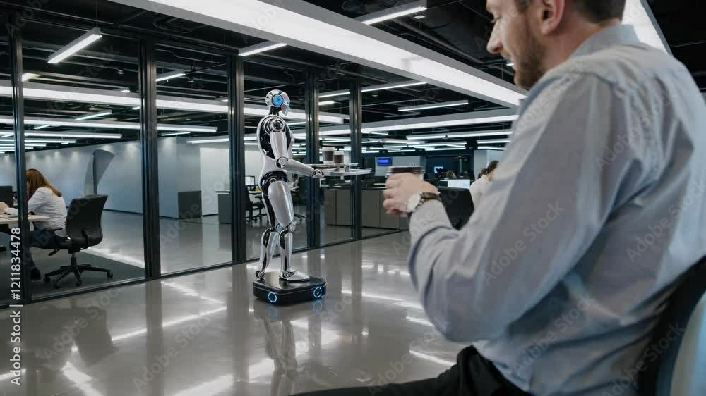 Innovative robot serves coffee in modern office setting during work hours Innovative robot serves coffee in modern office setting during work hours