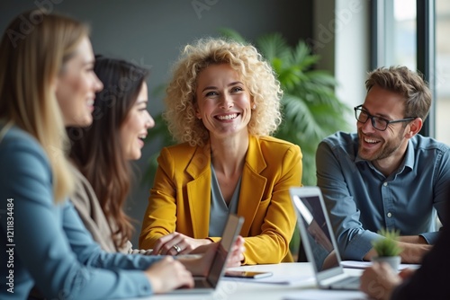 Portrait of a Beautiful Smiling Business Woman Sitting at a Table with Her Team in a Modern Office, Professional Leadership and Team Collaboration Generative AI