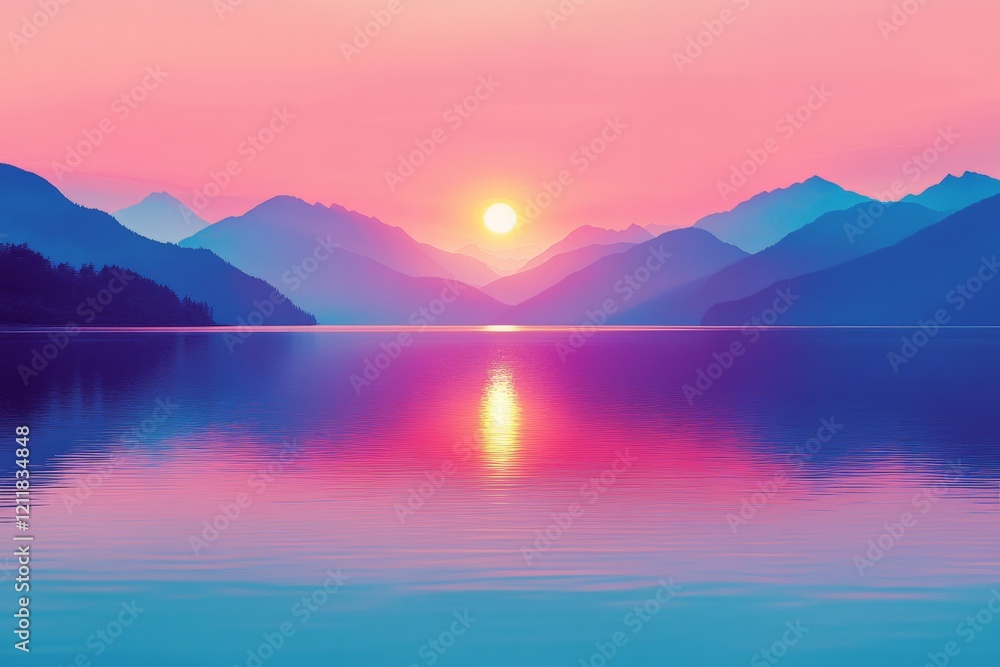 Fototapeta premium Sunset over tranquil lake reflecting vibrant colors in mountainous landscape