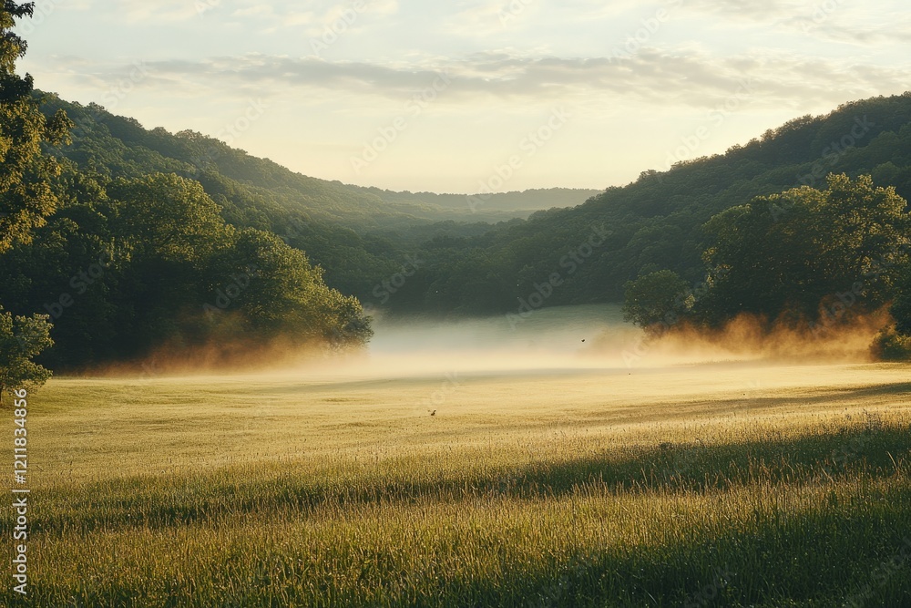 Fototapeta premium Early morning mist blankets a tranquil valley with lush greenery and rolling hills under a soft sunrise
