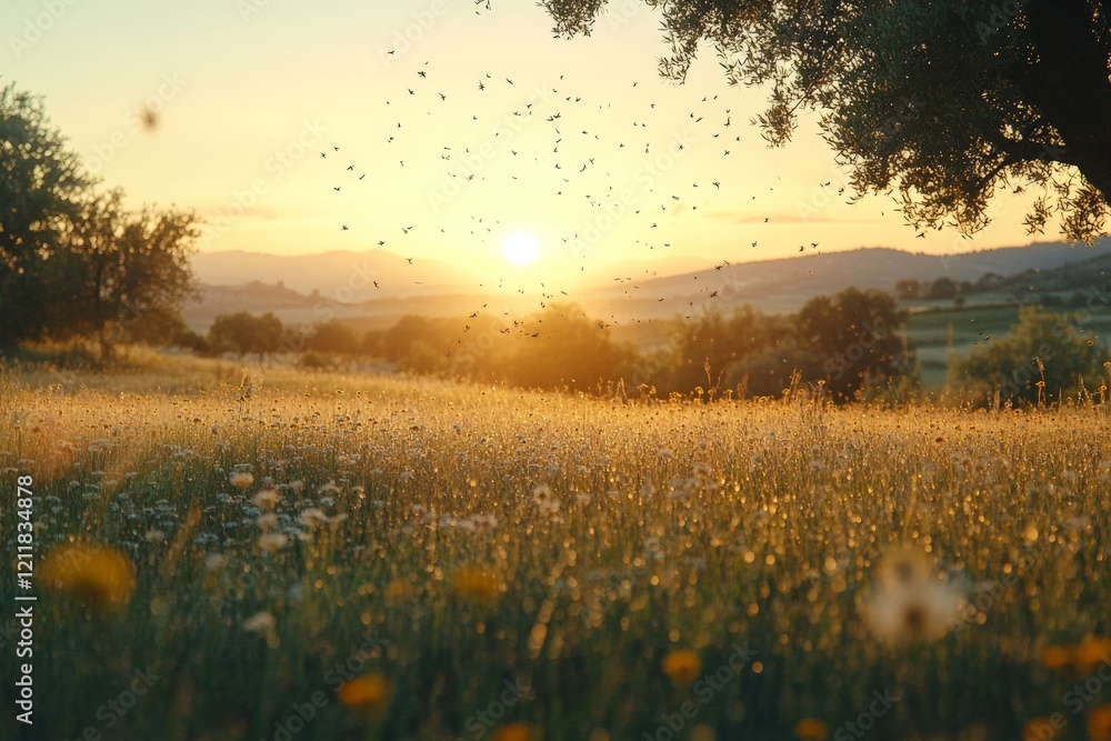 Obraz premium Golden sunset over a meadow filled with wildflowers and buzzing insects in a tranquil countryside setting
