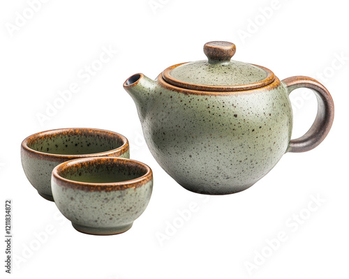 matcha tea set featuring teapot and two cups, showcasing speckled green design. Perfect for tea enthusiasts and traditional tea ceremonies photo