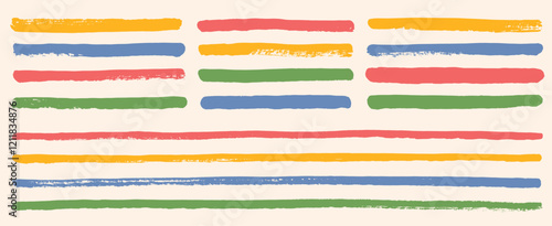 Hand drawn vector colorful dry brush strokes, stripes, paint stains, artistic grungy backgrounds collection. Underlines, dividers set. Grungy uneven rough lines, ink streaks, long smears bundle.