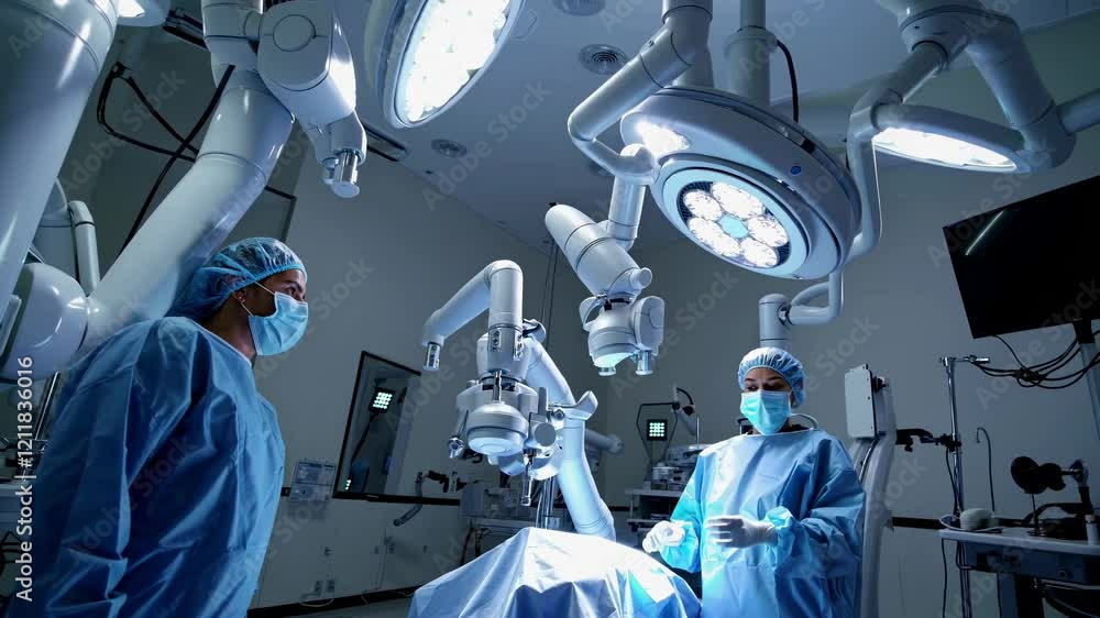Surgeons perform a delicate procedure in a high-tech operating room during evening hours Surgeons perform a delicate procedure in a high-tech operating room during evening hours