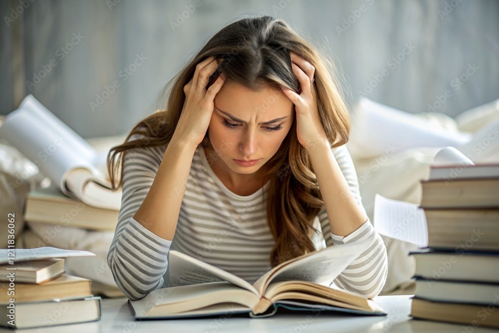 Reads, prepares for exams. use. Admission to the institute. A young girl holds her head among many books, stays at home and studies. Reads, prepares for exams. use. Admission to the institute. A young girl holds her head among many books, stays at home and studies.
