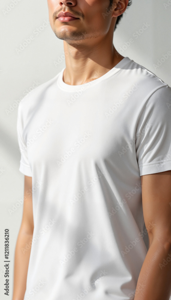 Man posing in white t-shirt against soft natural light backdrop