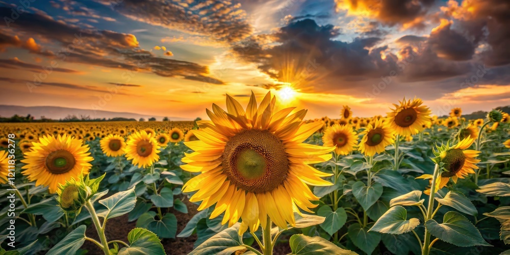 Fototapeta premium Golden hour bathes a sunflower field in long exposure magic.