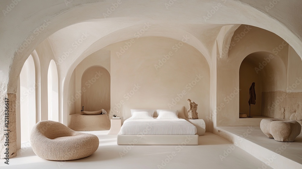 Fototapeta premium Minimalist bedroom with arched ceilings, beige walls, and natural light.