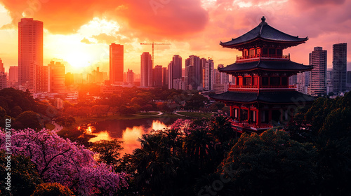 Wallpaper Mural Fiery Sunset Over Cityscape: Pagoda Silhouette at Golden Hour Torontodigital.ca