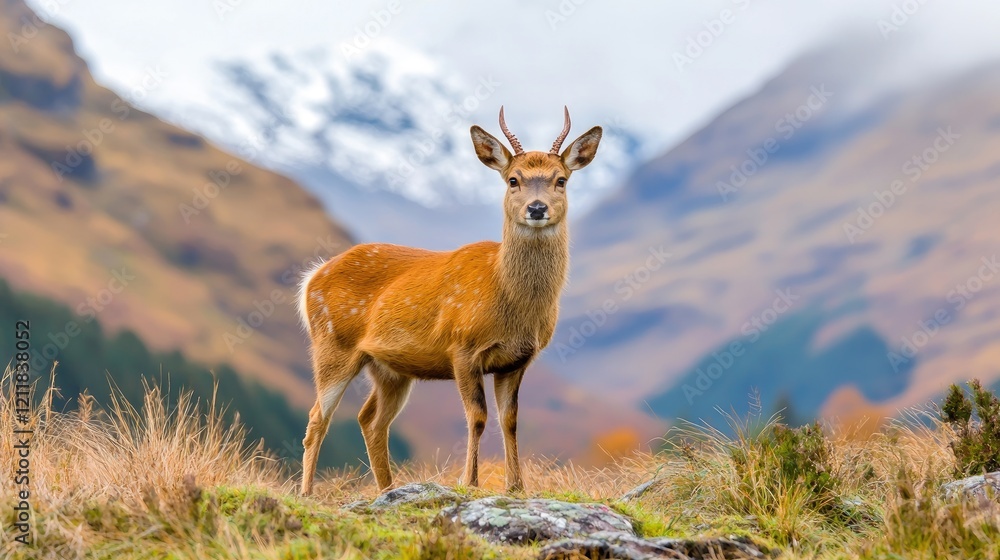 Deer standing in Scottish highlands, mountains background. Wildlife photography for nature documentaries Deer standing in Scottish highlands, mountains background. Wildlife photography for nature documentaries