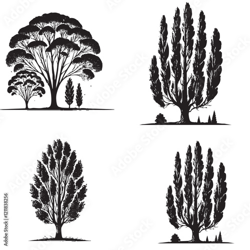 "Detailed Monochrome Vector Silhouettes of the Poplar Tree Isolated on a White Background"