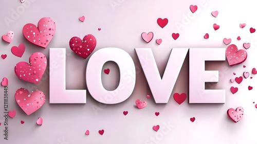 Vibrant 3D pink  LOVE  letters with shiny glowing heart accents floating on a softly textured pink background creating a romantic cheerful and conceptual design for Valentine s Day birthdays photo