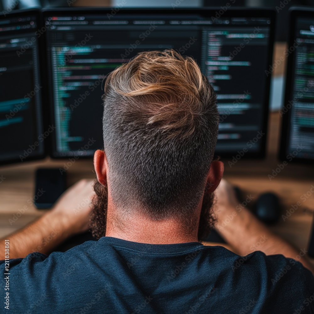 A focused individual is seated at a desk, working intently on multiple computer screens displaying programming code, symbolizing productivity in tech and coding environments A focused individual is seated at a desk, working intently on multiple computer screens displaying programming code, symbolizing productivity in tech and coding environments