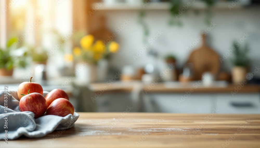 Fototapeta premium Abstract Background Rustic Kitchen Still Life: Fresh Red Apples on Wooden Table