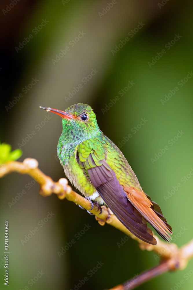 Fototapeta premium Rufous-tailed hummingbird (Amazilia tzacatl) sitting on a branch with its wings raised. A small green hummingbird with a red beak and a green background.