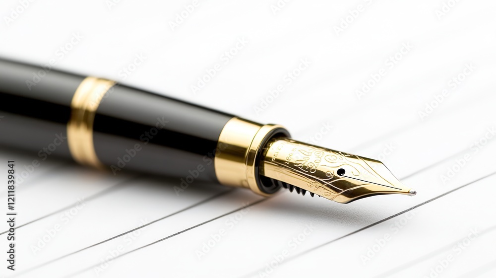 A close-up of an elegant fountain pen resting on lined paper, highlighting its intricate nib design, Ideal for use in writing articles, stationery promotions, elegant branding A close-up of an elegant fountain pen resting on lined paper, highlighting its intricate nib design, Ideal for use in writing articles, stationery promotions, elegant branding