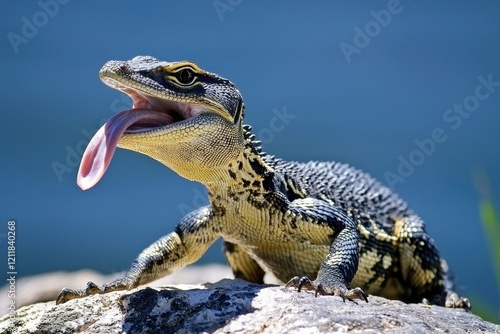 A goanna basking on sun-warmed rocks in the Australian bush, its tongue flicking out in search of scents