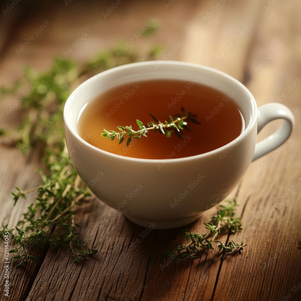 Cup of aromatic herbal tea and thyme on wooden table Cup of aromatic herbal tea and thyme on wooden table